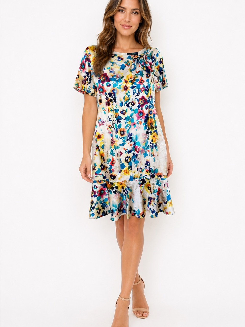 St. John Multicolor Silk Dress. Size 10 Satin Floral Charmeuse Ruffle Skirt Hem